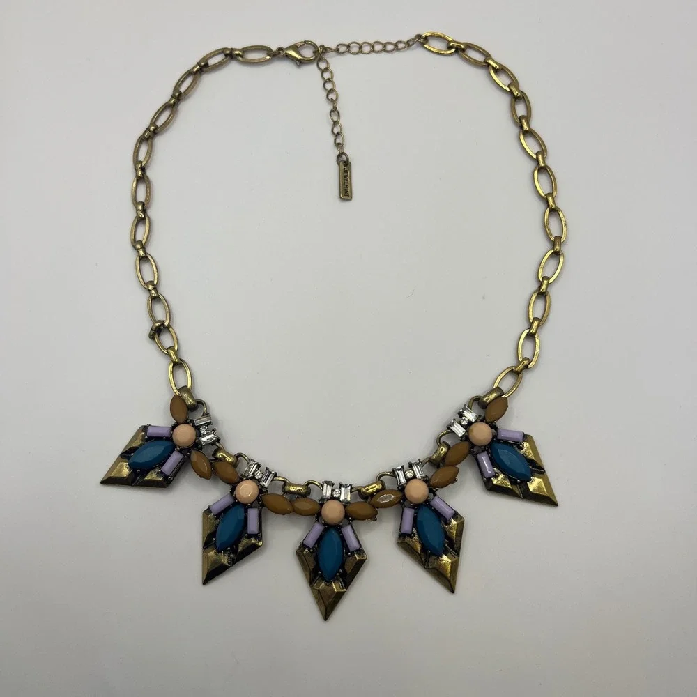 JewelMint Multi Color Geometric Bib Statement Necklace Gold Tone Teal Blue